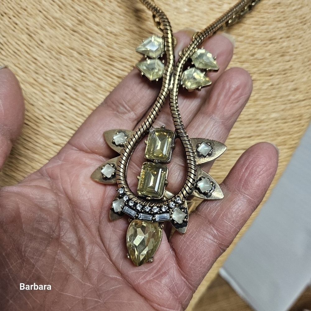 Vintage Brass Rhinestone Pendant Statement Necklace